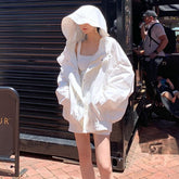 White Jacket Basic Coats 2021 Summer Loose Large Size Female Windbreaker Jacket Harajuku Hooded Student BF Coat Oversize QT93